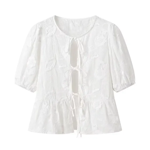 European And American Women's Clothing Machine Embroidery Short Sleeve Lace up Shirt White - Shop at LoveMi