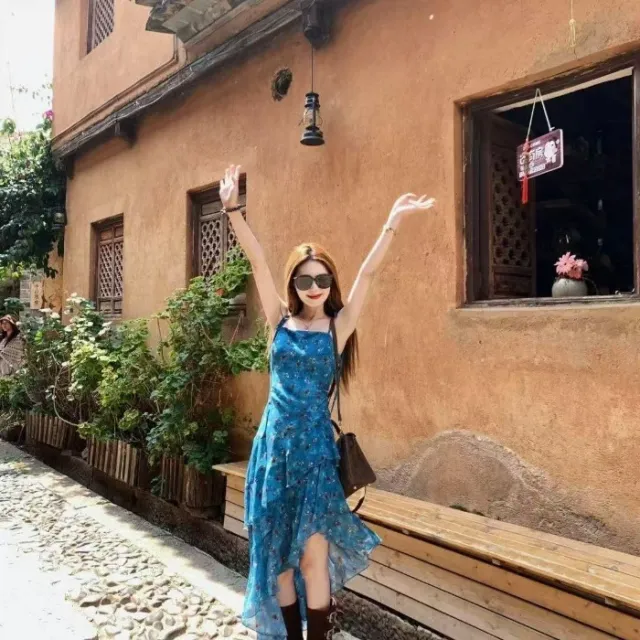 French Irregular Strap Slim fit Slimming Long Dress For Women Blue - Shop at LoveMi