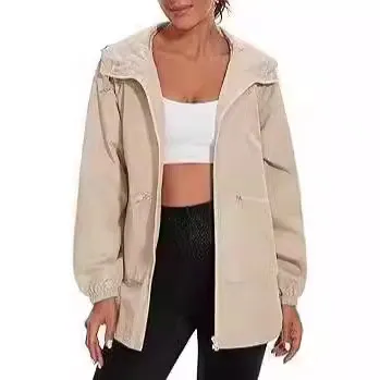 Women's Long Sleeve Zipper Hooded Jacket Trench Coat Casual Jacket Khaki - Shop at LoveMi
