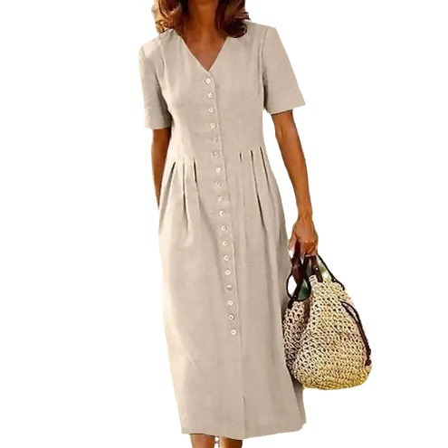 V-neck Shirt Dress With Short Sleeves For Women