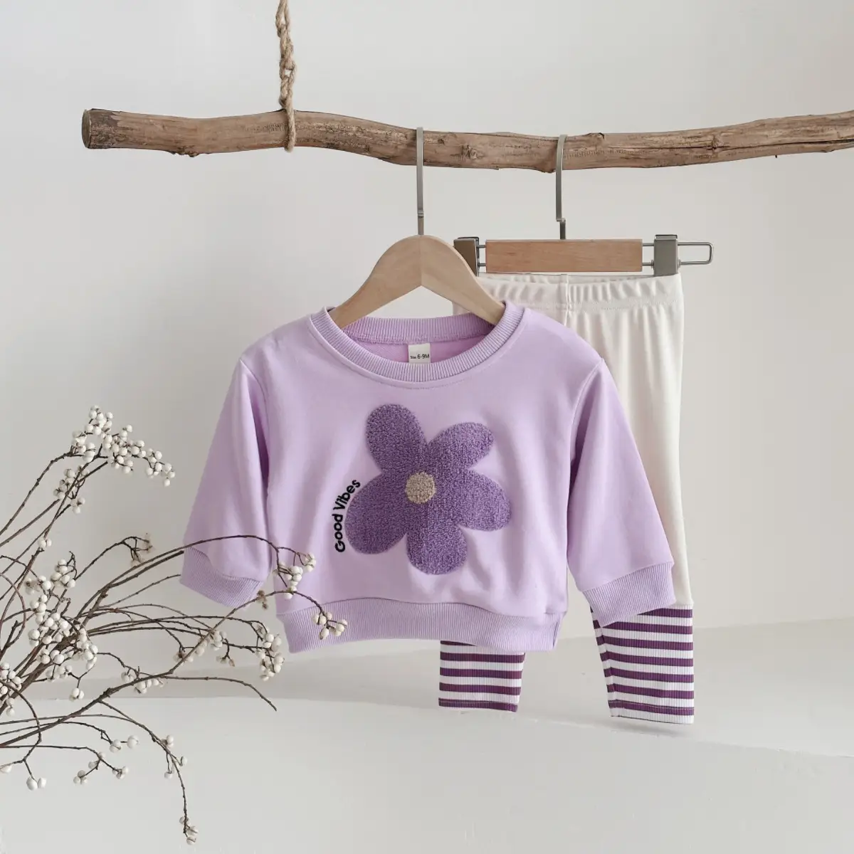 Baby Floral Hoodie And Striped Pants Two-piece Set