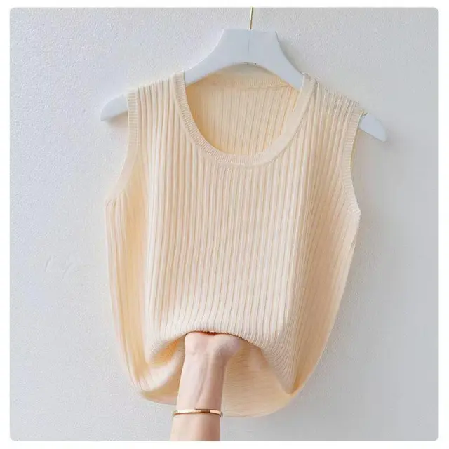 Women's Summer Ice Silk Round Neck Camisole Vest Knitted Bottoming Shirt Apricot - Shop at LoveMi