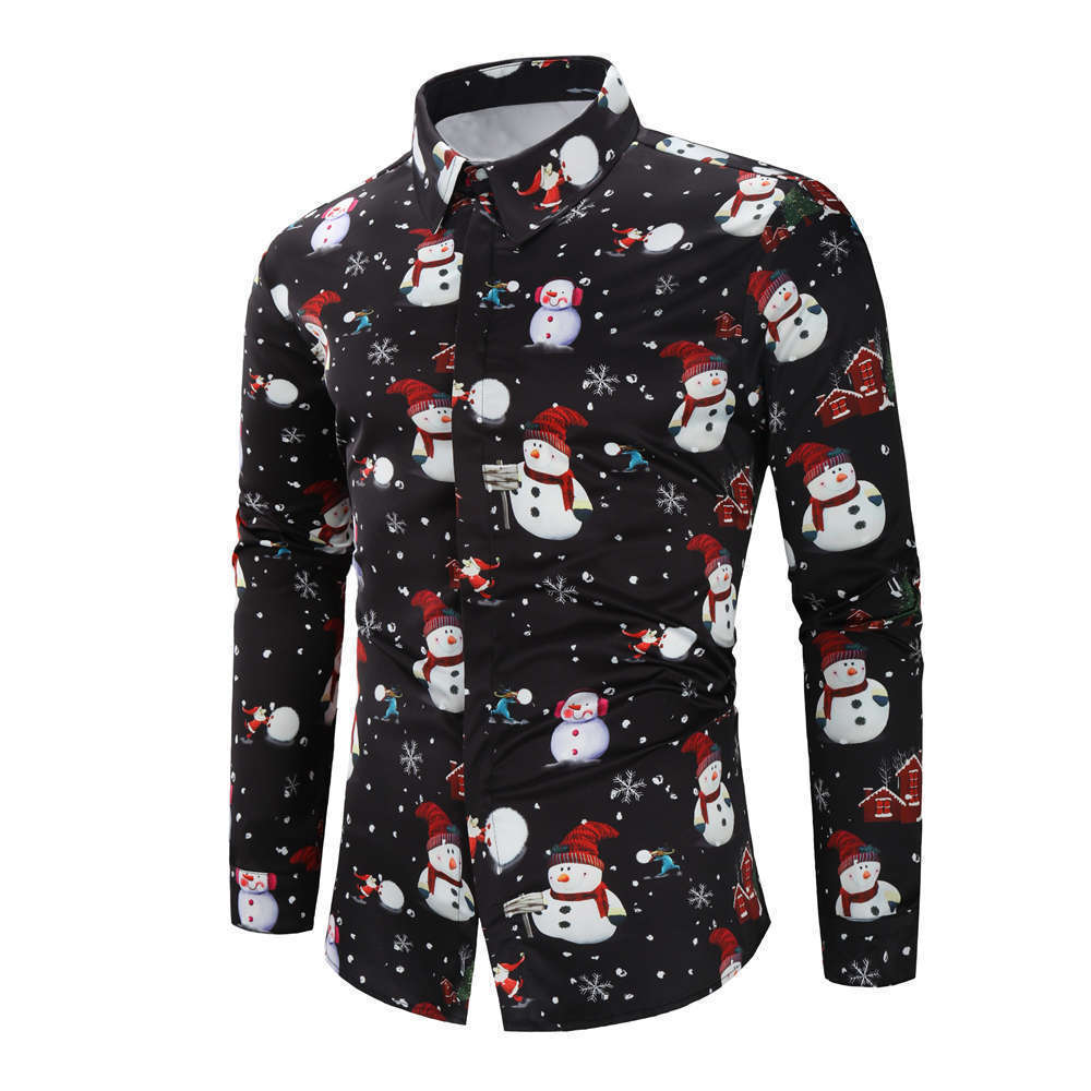 European And American Style Men's Shirt Snowman Christmas 3D Printing Casual Long Sleeve Shirt