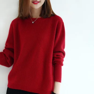Solid Color Loose fitting Large Size Knitted Bottoming Shirt Red - Shop at LoveMi