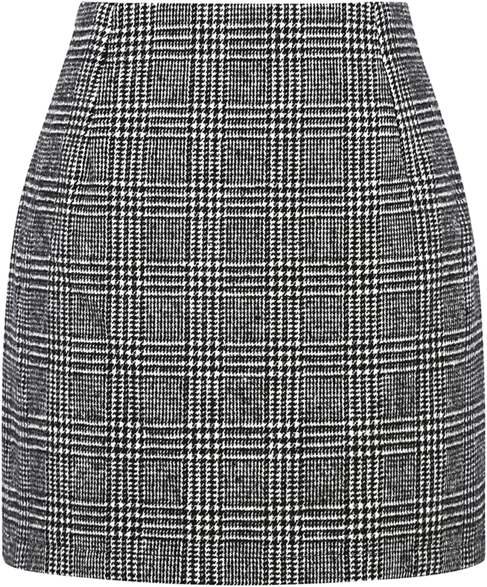 Women's High Waist Plaid Tight Pencil Wool Mini Skirt - Plaid Black