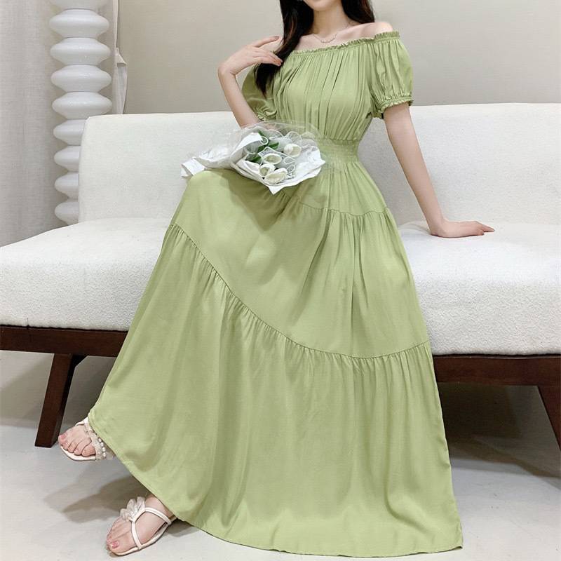 Solid Color Wide Hem Cotton Silk Vacation Style Long Bohemian Dress