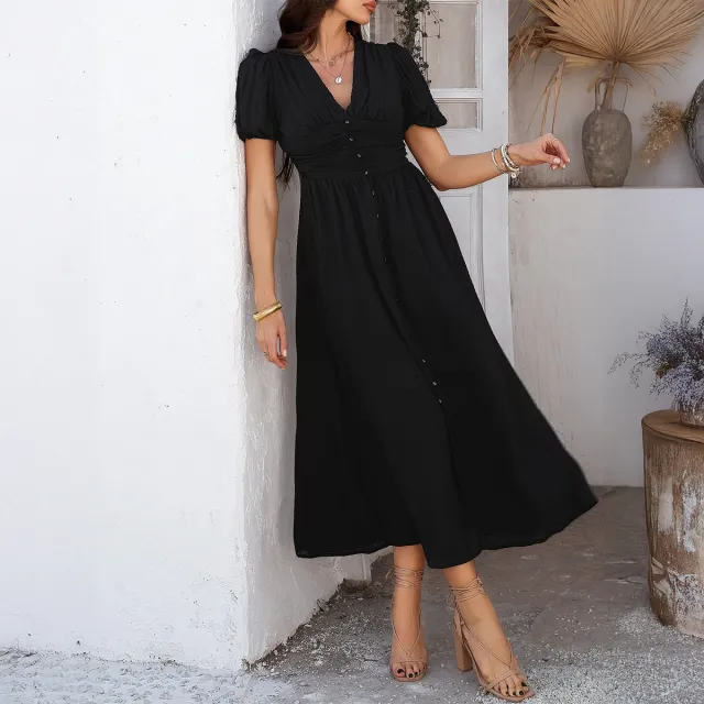 Leisure Commute Vacation Style V neck High Waist Short Sleeve Split Dress Women Black - Shop at LoveMi