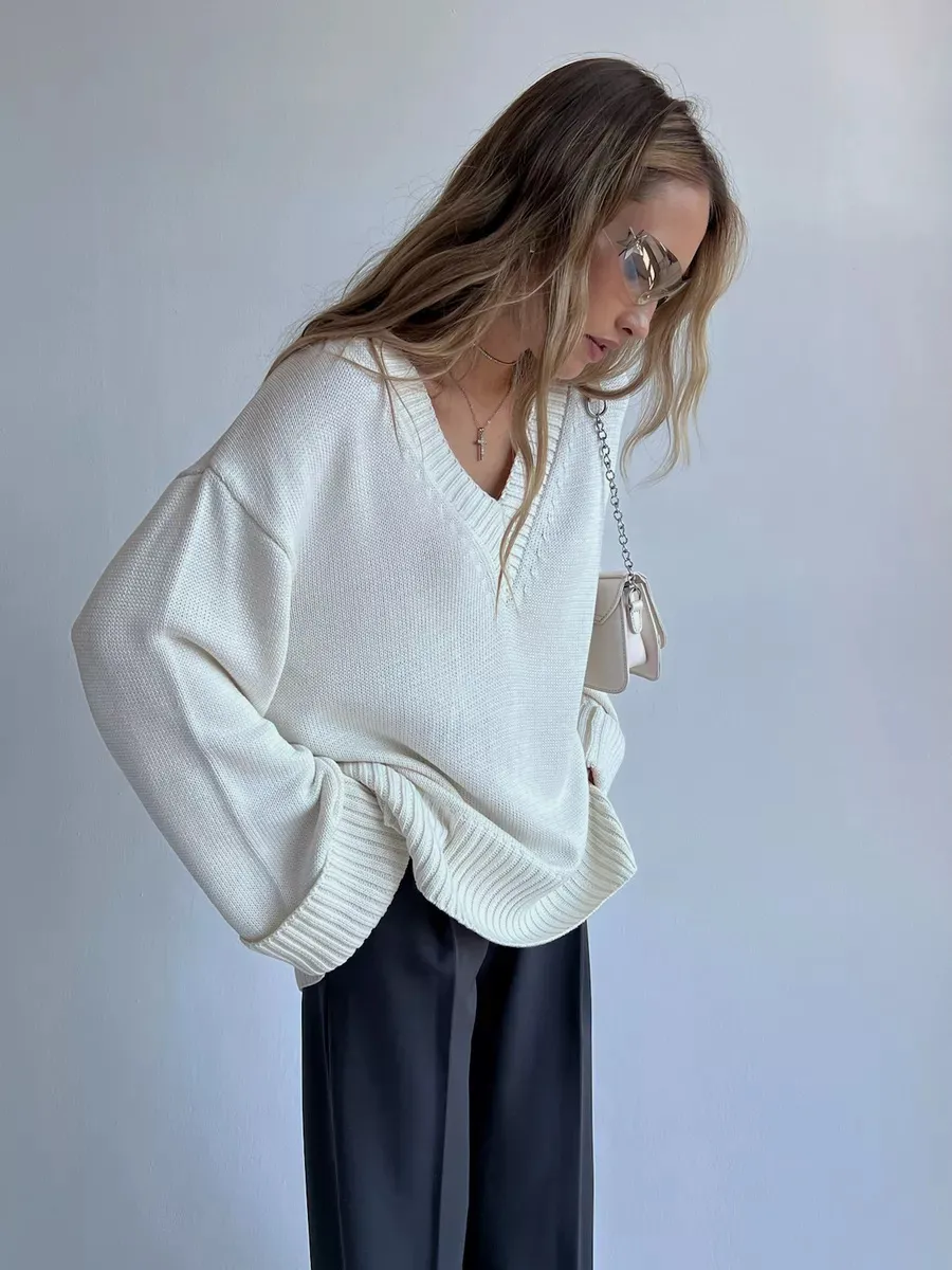 Women Solid Color Pullover Sweater Idle Style - White