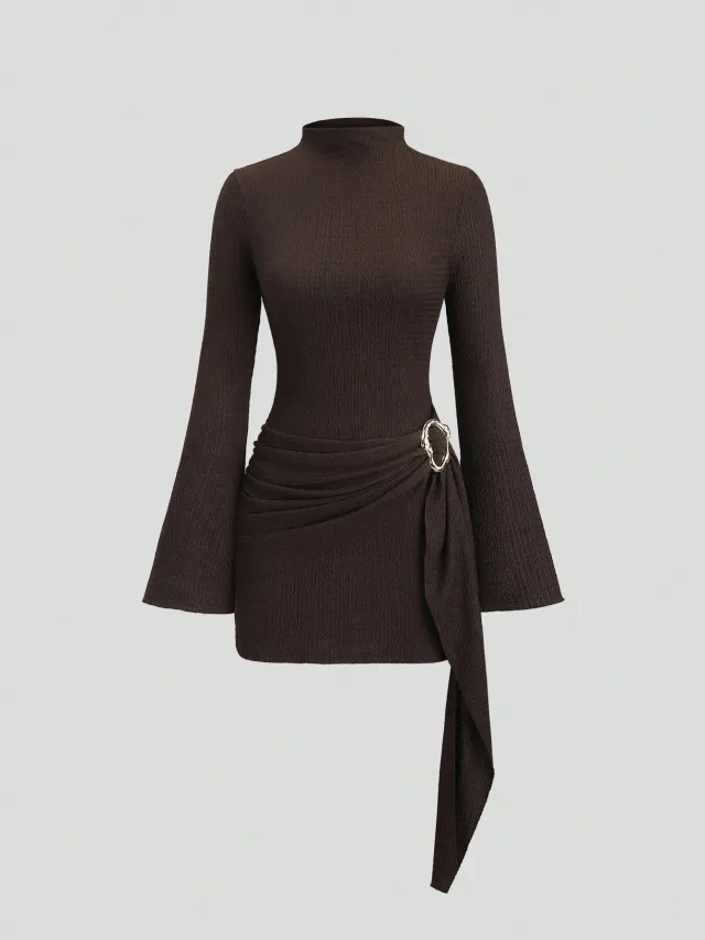 Knitted Textured Solid color Slim fit Figure flattering Dress With Metallic Buttons Maroon - Shop at LoveMi