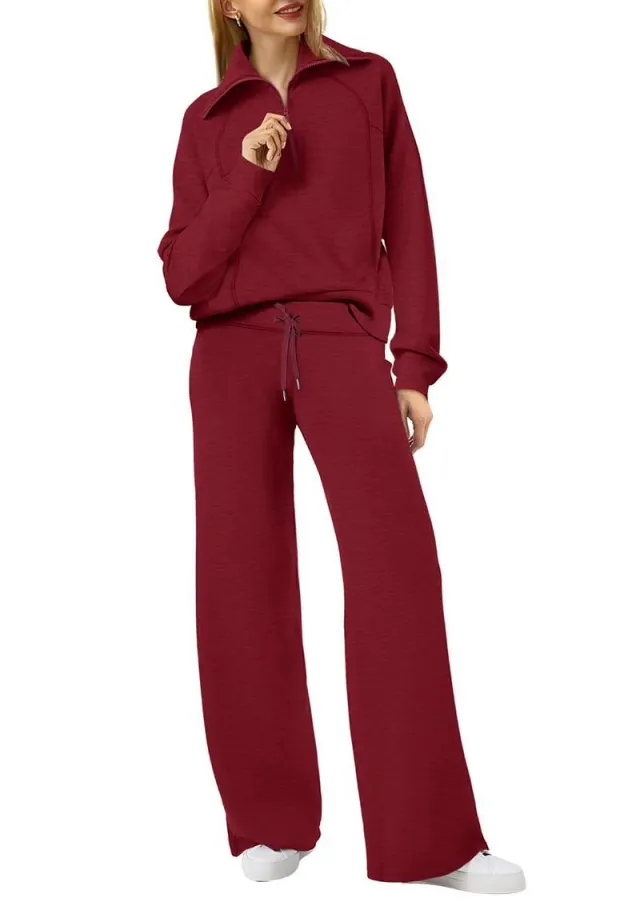 Oversized Half Zip Sweatshirt Wide Leg Track Pants Casual Suit Women Wine - Shop at LoveMi