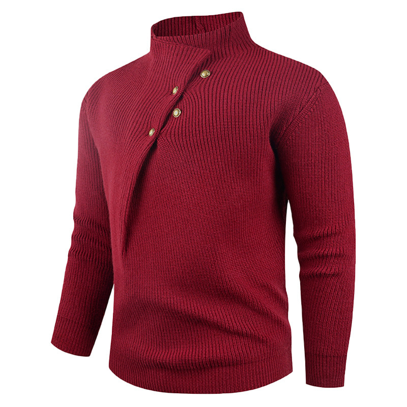 Mens Fashion Stand Collar Sweater With Slanted Buttons Mens Casual Pullover - Image 1