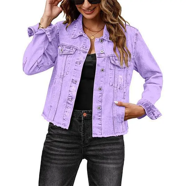 Female Solid Color Casual Embossed Denim Jacket Button Top - Lilacbreeze-Xl