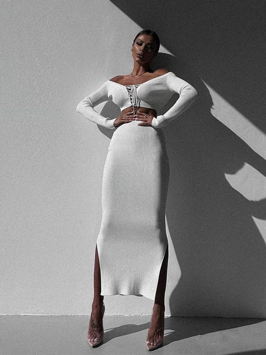 Autumn Winter Sexy Long Sleeve Sweater Dress Two piece Set Skinny Knit White - Shop at LoveMi