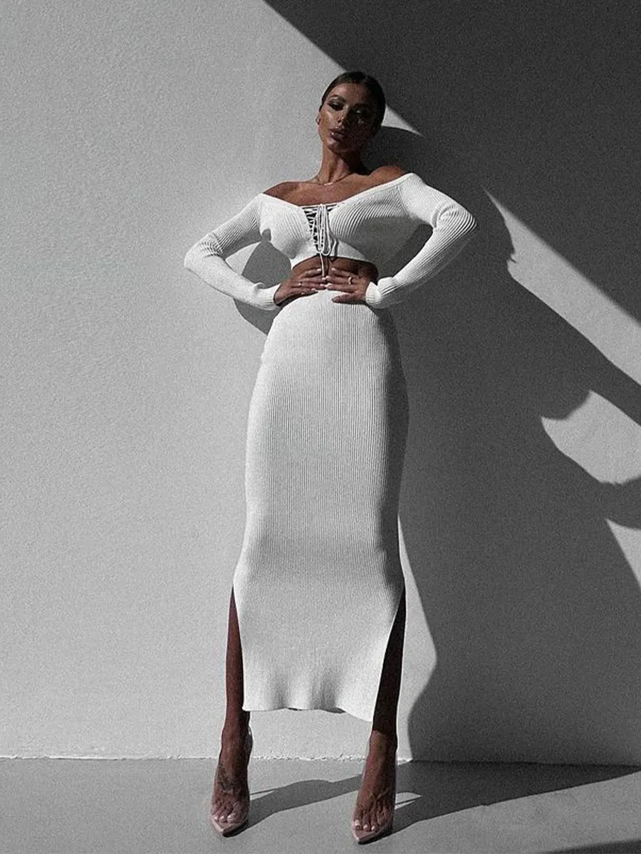 Autumn Winter Sexy Long Sleeve Sweater Dress Two-piece Set Skinny Knit - White
