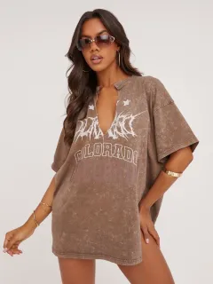 American Street Retro Style V-neck T-shirt Slit Loose Short Sleeve - Brown - View 1