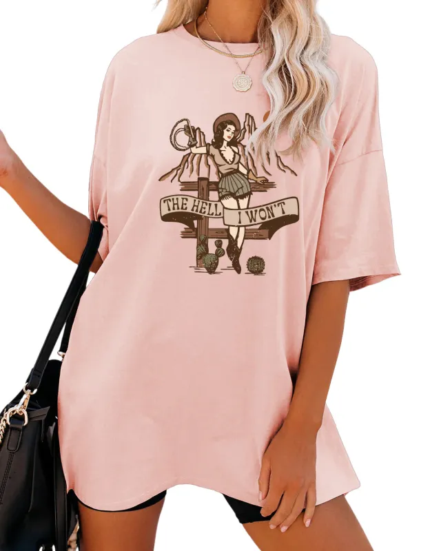 Women's Fashion Casual The Hell I Won't Print Round Neck Short Sleeve Pink - Shop at LoveMi
