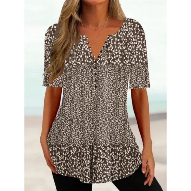 Women's Digital Printed V neck Button Short sleeved Top Trm11 - Shop at LoveMi