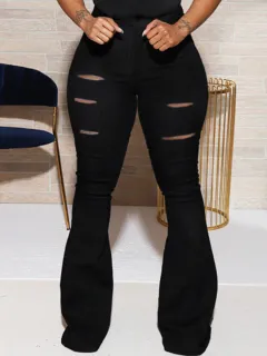 High Waist Slim Cut Flower Ripped Women's Clothing Bootcut Trousers - Black - View 1