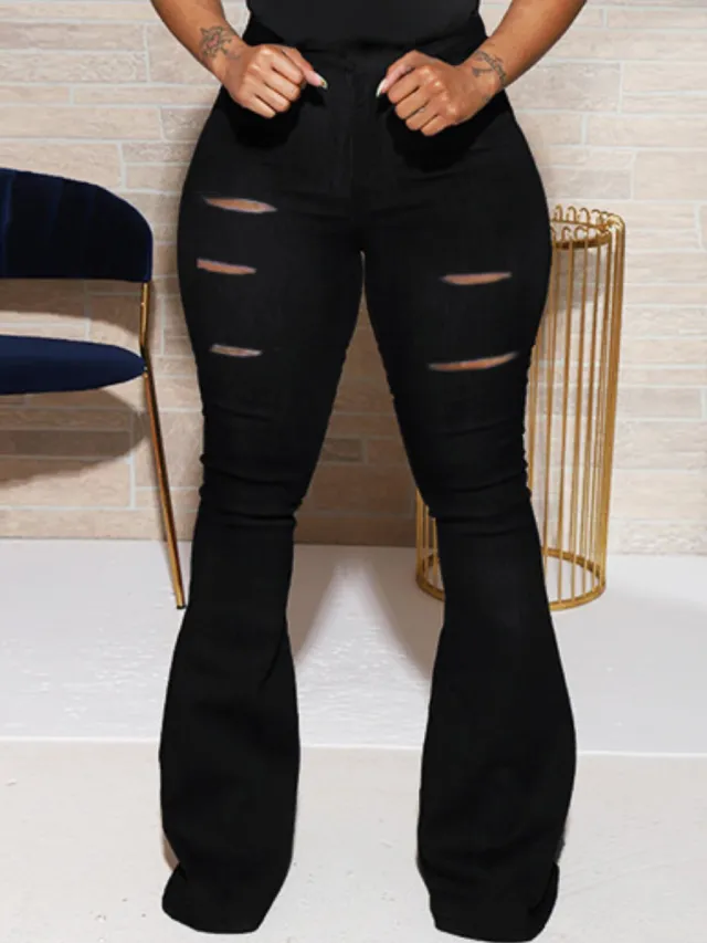 High Waist Slim Cut Flower Ripped Women's Clothing Bootcut Trousers Black - Shop at LoveMi