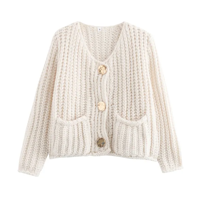 European And American Solid Color Single breasted Double Pocket Short Thick Sweater Coat Top White - Shop at LoveMi