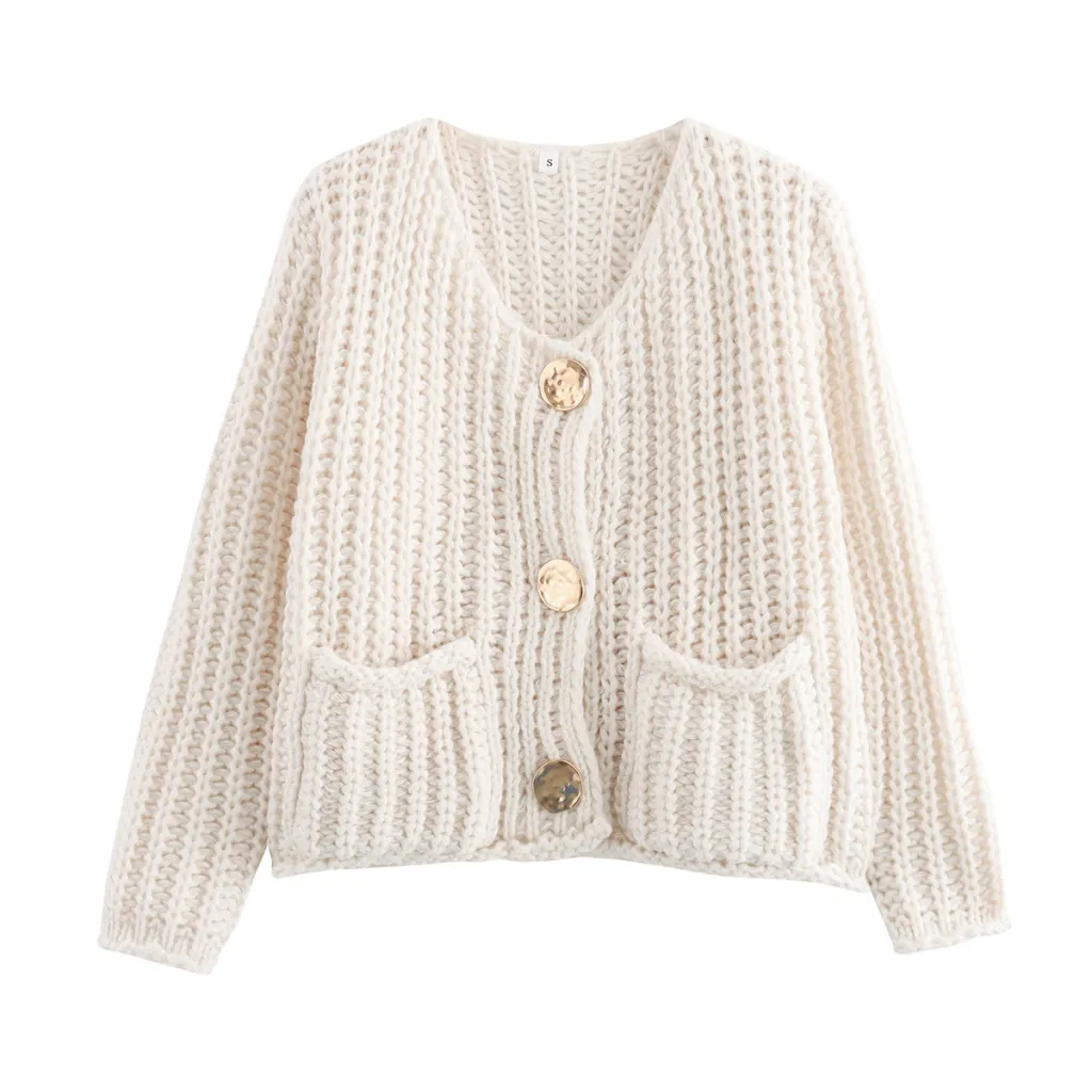 European And American Solid Color Single-breasted Double Pocket Short Thick Sweater Coat Top - White