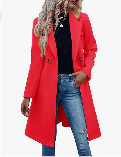 Long Woolen Women's Waist controlled Lace up Double Breasted Coat Red - Shop at LoveMi