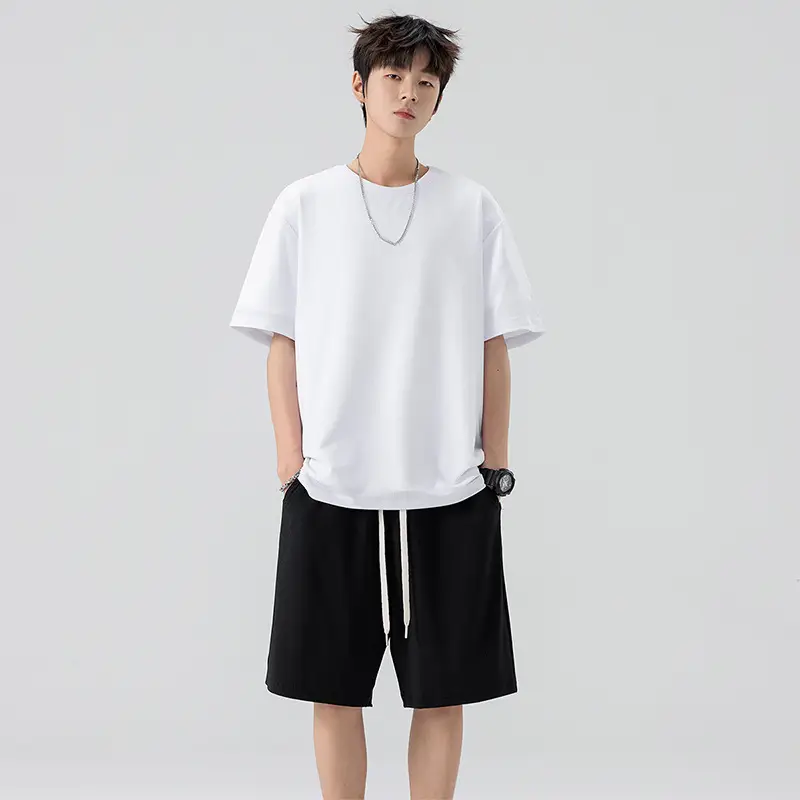 Men's Ice Silk T-shirt Fifth Pants Suit Solid Color