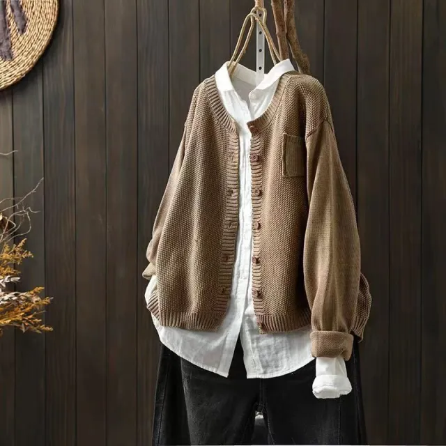 Women's Knitted Cardigan Coat Retro Loose Casual Sweater Khaki - Shop at LoveMi