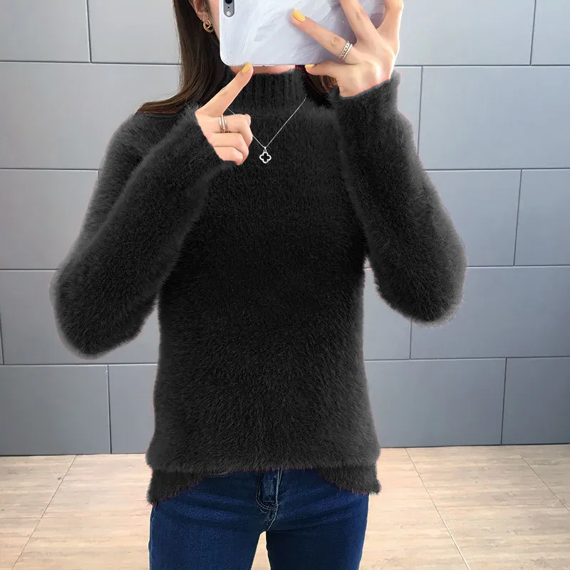 Mink Fur Short Autumn And Winter Half Turtleneck Base Sweater - Black
