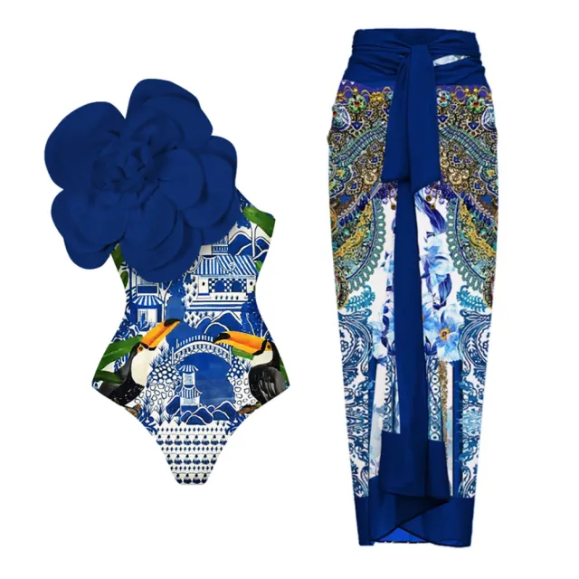 One piece European And American Three dimensional Flower Swimsuit Blue - Shop at LoveMi