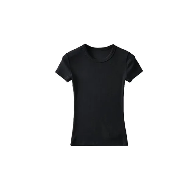 Basic Style Round Neck Tight Stretch Solid Color Short Sleeve T shirt Top Black Regular Style - Shop at LoveMi