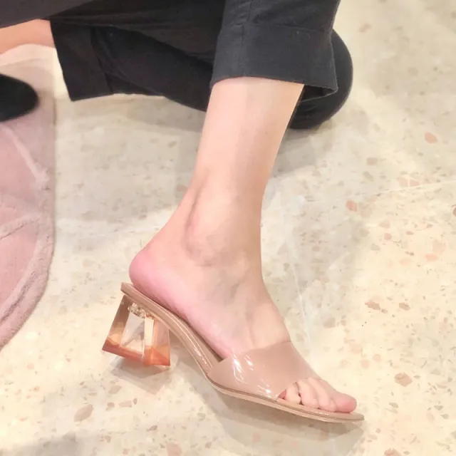Fashionable Transparent Crystal High Heels For Women Spring And Summer New Chunky Heel Square Toe Outer Wear Retro Apricot - Shop at LoveMi
