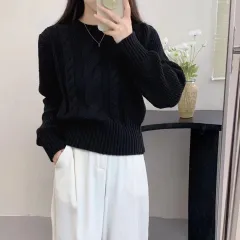 European And American Solid Color Knitwear Autumn Winter Japanese New Round Neck Pullover Lantern Sleeve Cable-knit Sweater - Black - View 1