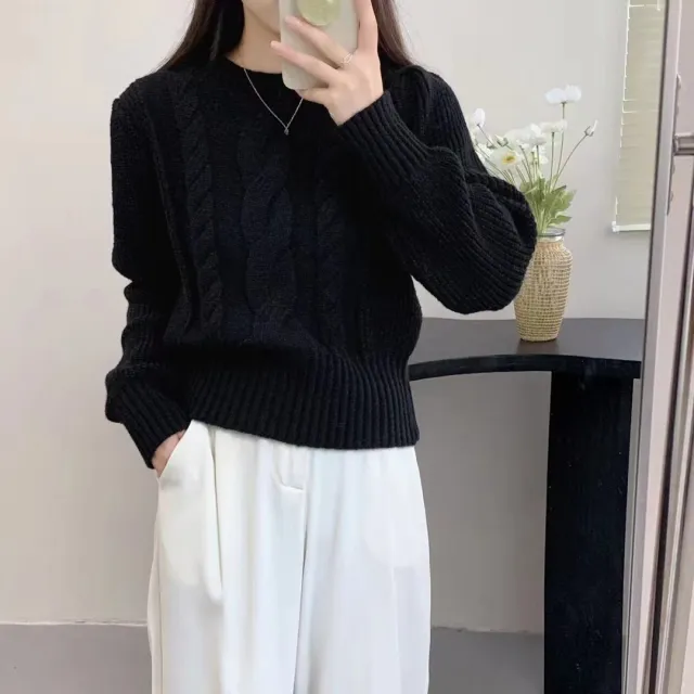 European And American Solid Color Knitwear Autumn Winter Japanese New Round Neck Pullover Lantern Sleeve Cable knit Sweater Black - Shop at LoveMi