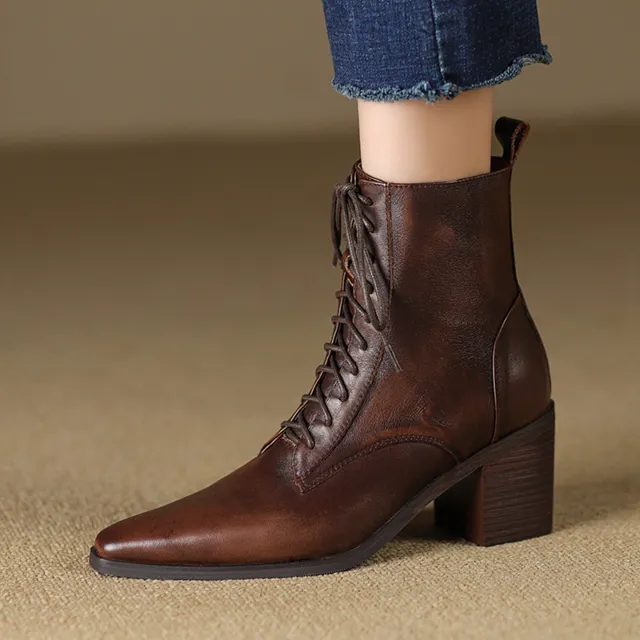 Thick heel Lace up Ankle Boots, New Autumnwinter Women's Martin Boots Brown - Shop at LoveMi