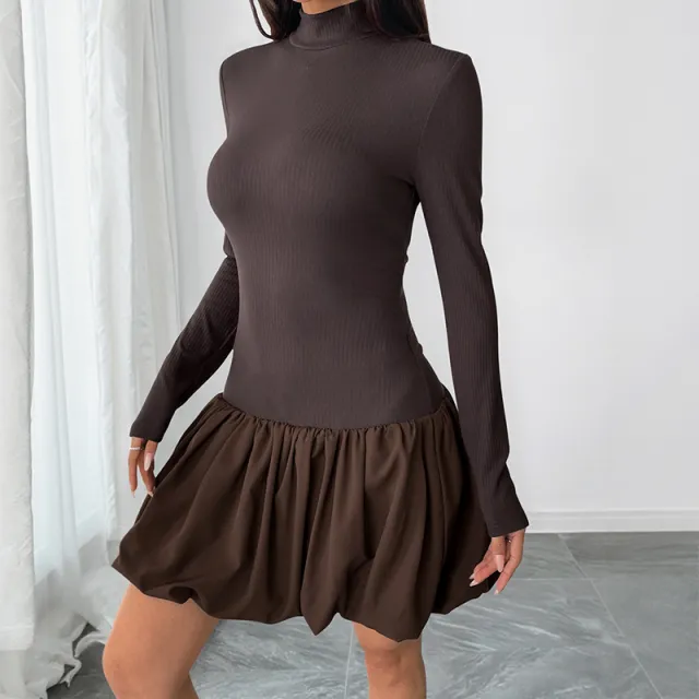 Simple Elegant Basic Turtleneck Long Sleeve Solid Color Dress Brown - Shop at LoveMi