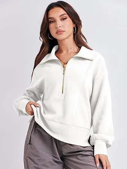 Women's Half Zipper Pullover Long Sleeve Sweater White - Shop at LoveMi