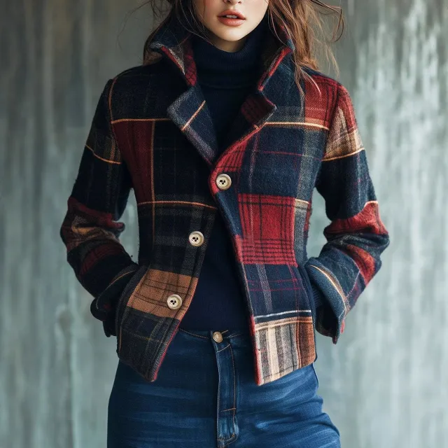 Plaid Retro Warm Coat Autumn And Winter Stand Collar Tan - Shop at LoveMi