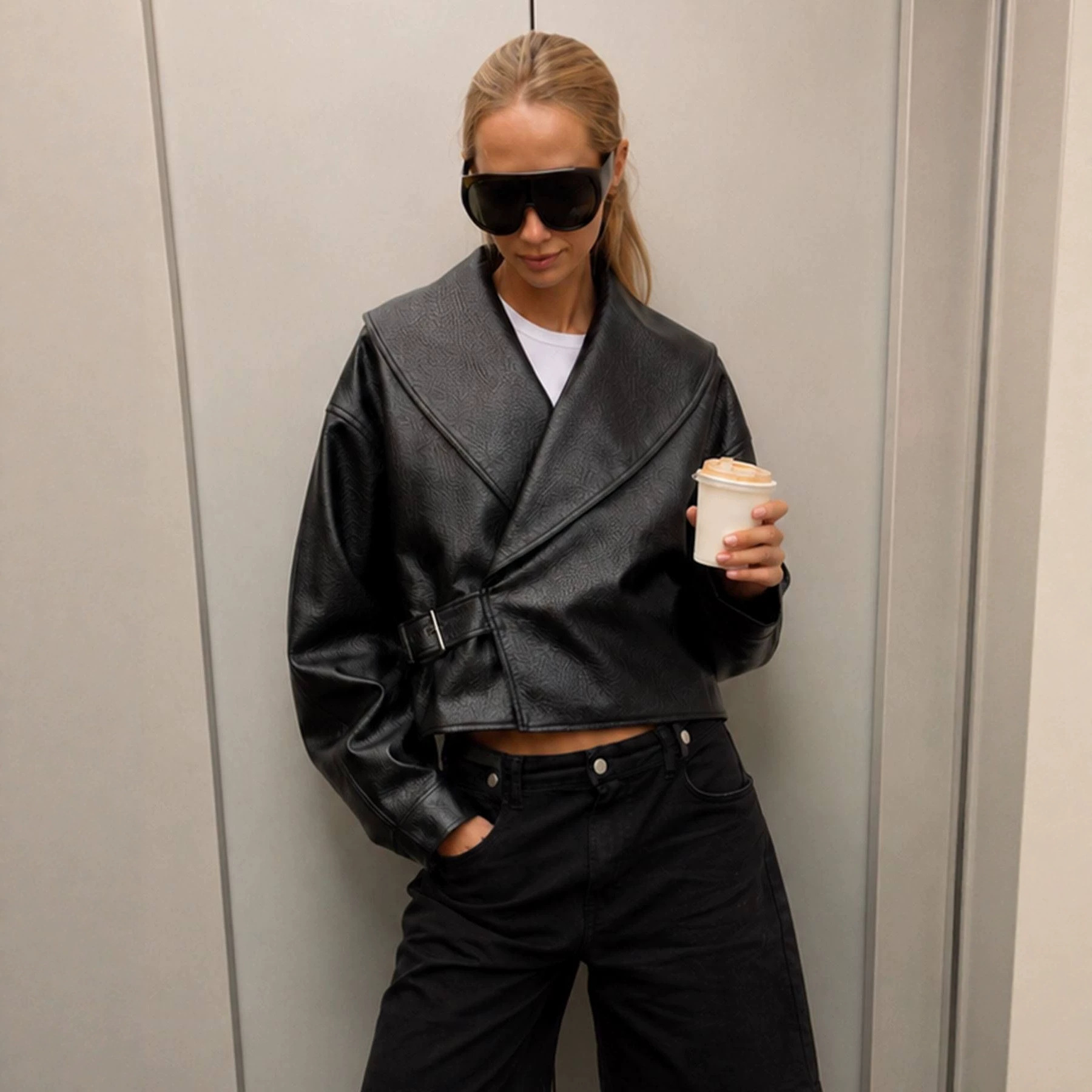 Women's Buckle Leather Jacket With Lapel Collar