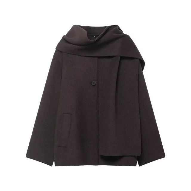 Wool Solid Color Loose Fit Scarf Short Coat Jacket Brown - Shop at LoveMi