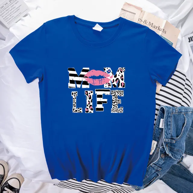 Mother's Day MOM LIFE Leopard Print Lip Printings Round Neck Short Sleeve T shirt Blue - Shop at LoveMi