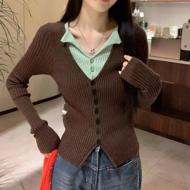 Contrast Color Knitwear Female Vintage Bottoming Shirt Coffee - Shop at LoveMi