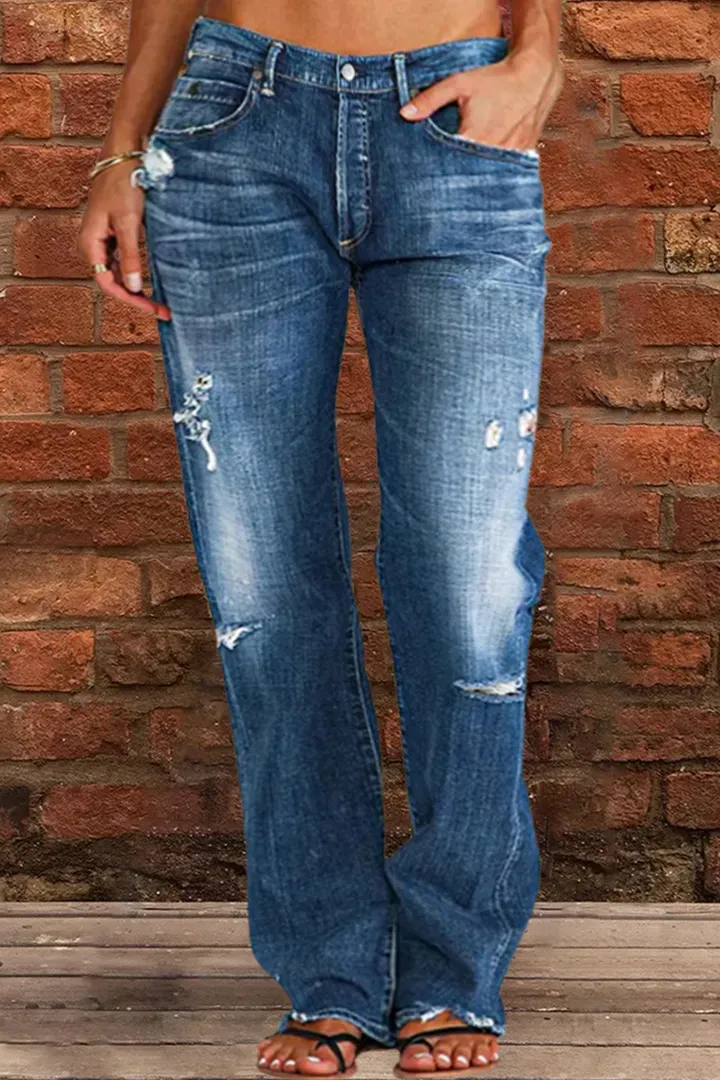 Loose Wide Leg Denim Retro Washed Ripped Trousers - Blue