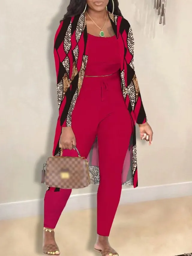 Women's Fashion Printed Coat Trousers Three piece Suit Red Printed - Shop at LoveMi