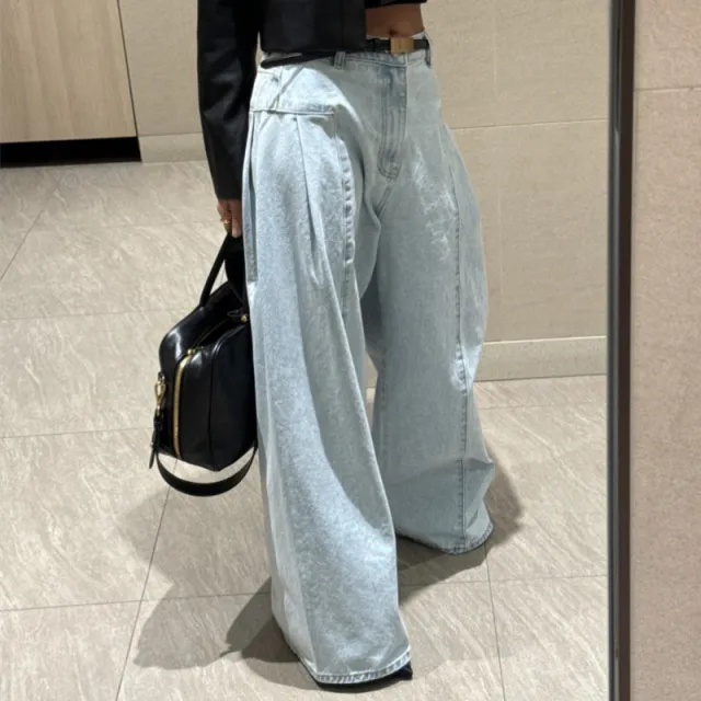 Women's Korean style Temperament High Waist Pleated Stitching Wide leg Jeans Blue - Shop at LoveMi
