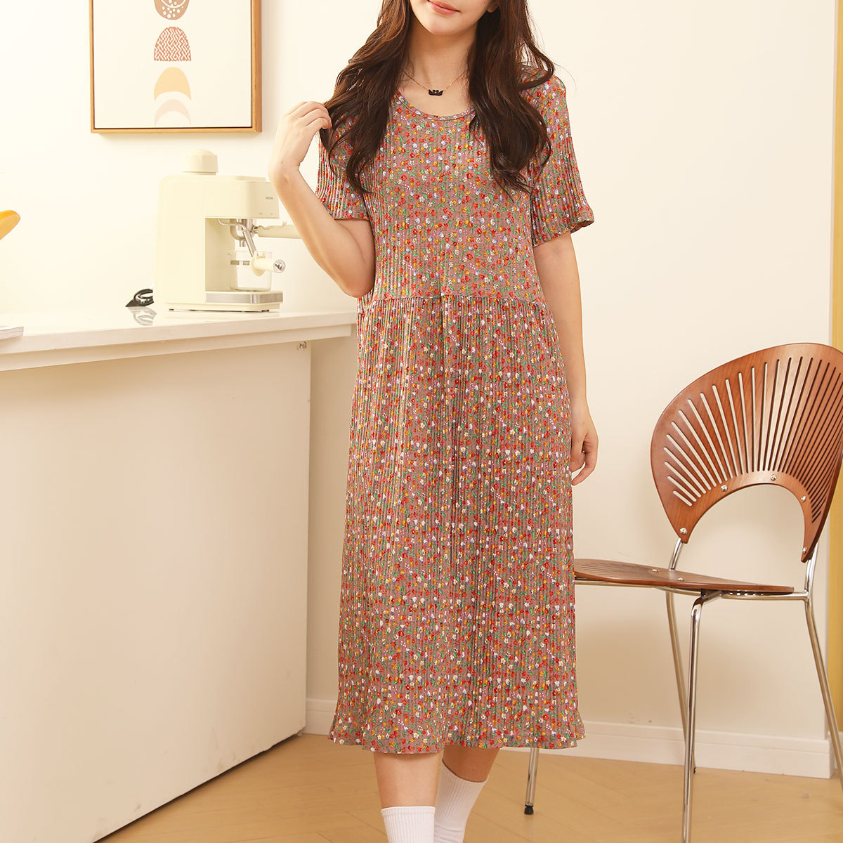 Comfortable Nightdress Women's Short Sleeve Floral Slimming Dress Coffee 2 - Shop at LoveMi