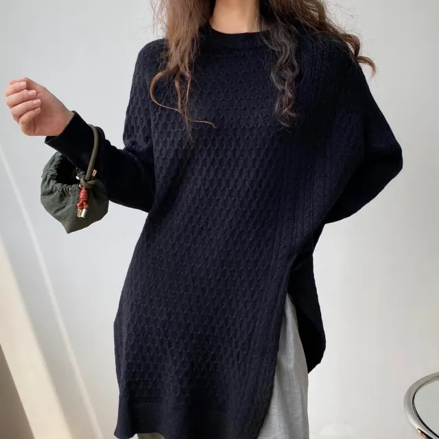 Solid Color Round Neck Twist Irregular Slit Sweater Black - Shop at LoveMi