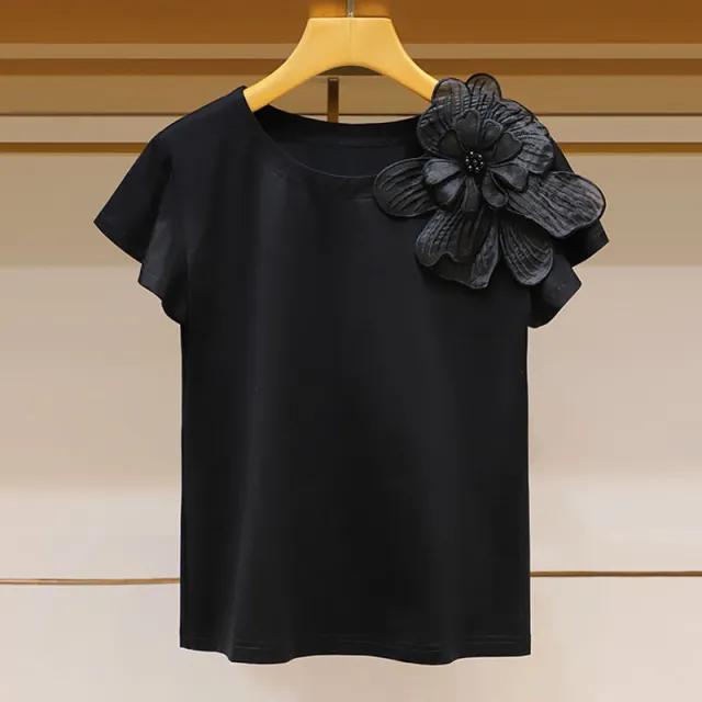 Round Neck Three dimensional Flower Decoration Fashion Ruffle Sleeve Loose Slim Top Black - Shop at LoveMi