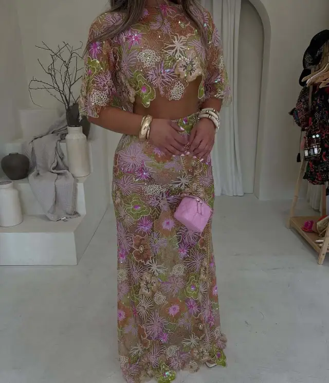 Embroidery Sequin Heavy Industry Party Skirt Suit Summer And Autumn New Collection Pink Suit Long - Shop at LoveMi