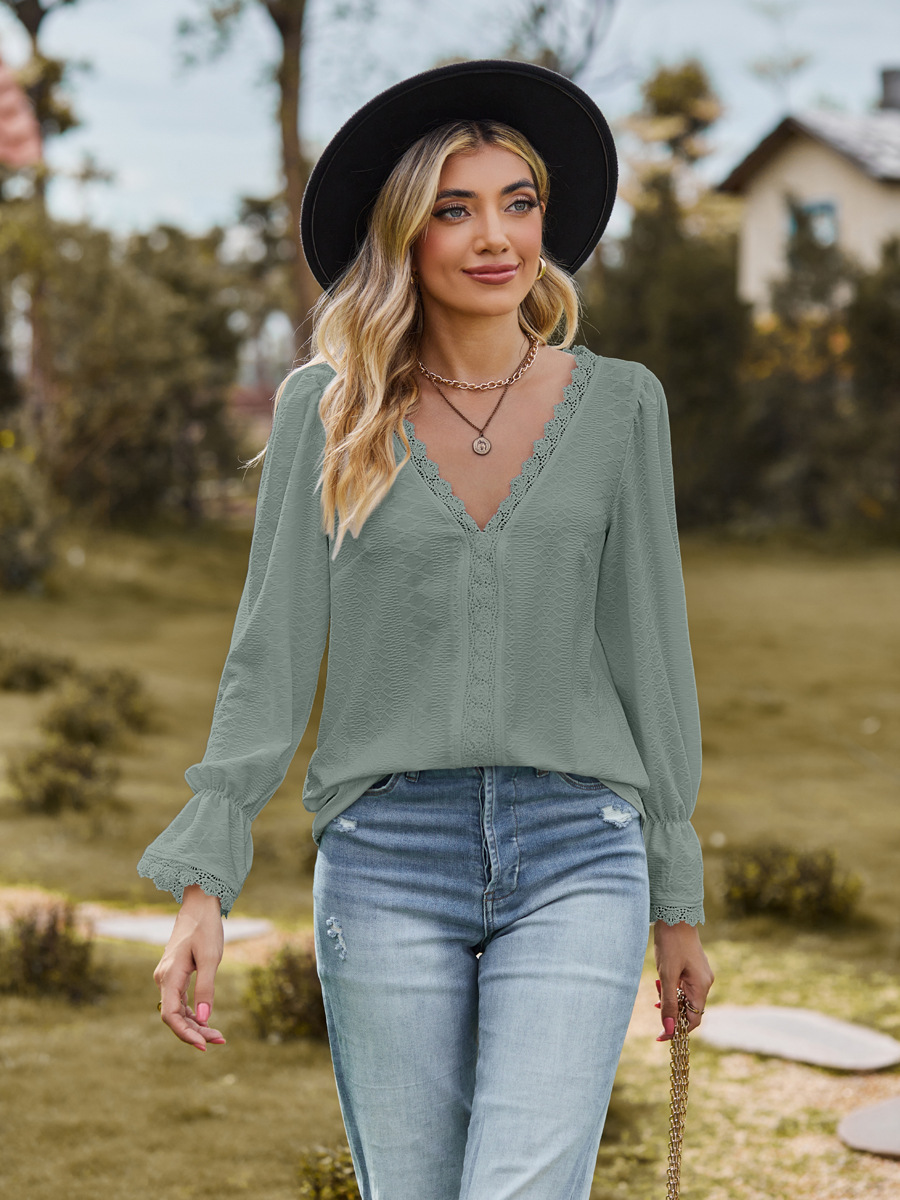 Fashion Jacquard Lace V neck T shirt Casual Stitching Long Sleeve Top Womens Clothing Dark Green - Shop at LoveMi